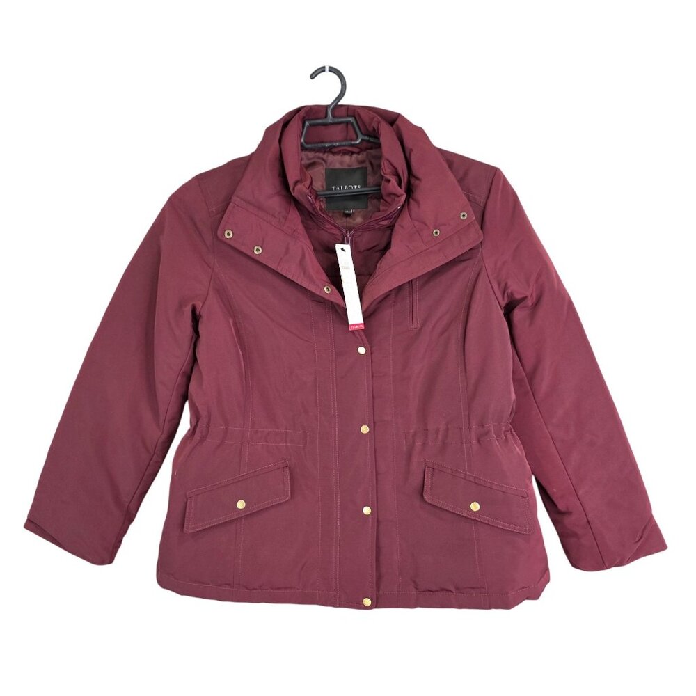 Womens Talbots Burgundy Down Puffer Jacket Full Zip & Snap Buttons Polyester L